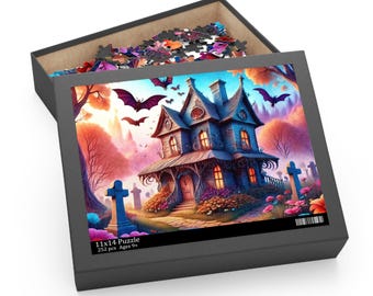 Spukhaus Puzzle, gruseliger Halloween-Spaß, gotisches Dekor, Aktivität zu Hause, Familienspiele, einzigartige Geschenkidee