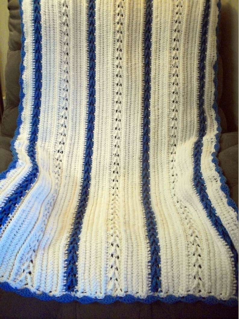 Crochet Throw Blanket in White and Blue with Free US Shipping by DRCrafts White and Blue Crochet Blanket