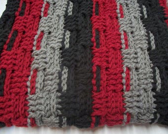 Handmade Blanket, Black, Gray, Red Crochet Baby Blanket,  Wheelchair Blanket, Lap Blanket in Black, Red, Grey Basket Weave by DRCrafts