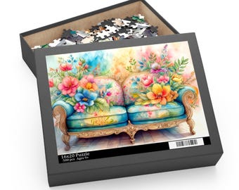 May include: A 16x20 inch puzzle box with a watercolor image of a floral sofa. The sofa is teal with gold trim and is covered in colorful flowers. The box is open, revealing puzzle pieces.