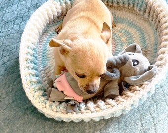 Reversible Small Dog or Cat Bed, Crocheted Small Breed Dog or Cat Bed, Machine Wash and Dry, Blue, White, Grey and Cream Crocheted Pet Bed