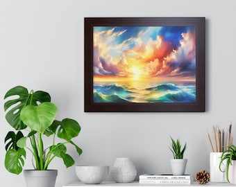 Glory Ocean and Clouds Framed Horizontal Poster, Gorgeous Sunset Over The Ocean Framed Poster