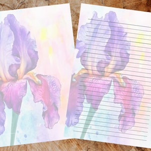 May include: A watercolor illustration of a purple iris flower with a soft, blurred background. The flower is in focus and the background is out of focus. The image is perfect for stationery or scrapbooking.