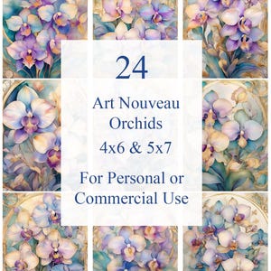 Orchid Clip Art in Watercolor Art Nouveau Instant Download, 4x6 and 5x7 jpg files for Card Making, Journaling, Scrapbooking, etc