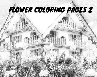 Pages à colorier de fleurs 2 en niveaux de gris, 21 pleine page, graphiques en niveaux de gris de 11 x 8,5 pour les adultes, téléchargement immédiat et prêt à imprimer