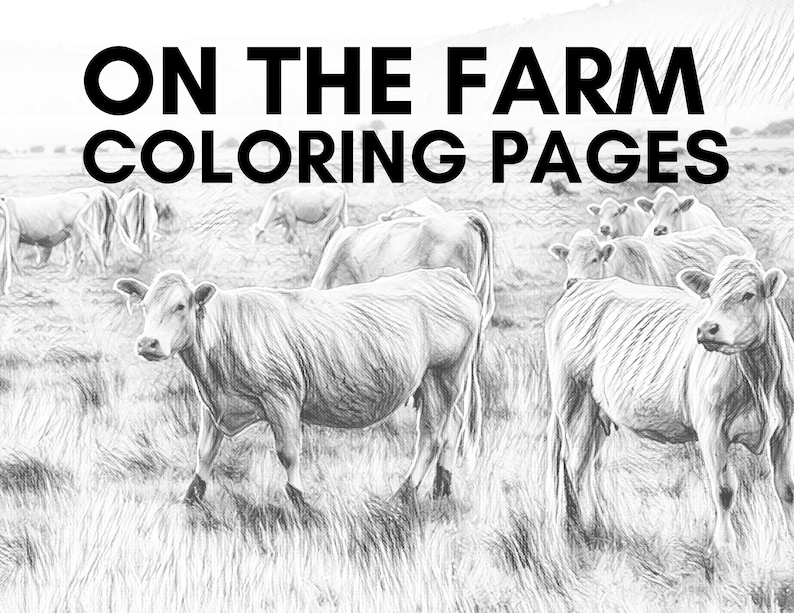 May include: Black and white pencil drawing of a herd of cows in a field. The drawing is titled "On the Farm Coloring Pages".