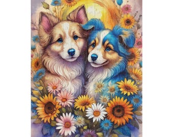 Könnte beinhalten: Ein farbenfrohes Puzzle mit zwei entzückenden Hunden, umgeben von Sonnenblumen und anderen Blumen. Ein Hund hat braunes und weißes Fell, der andere blaues und weißes Fell. Der Hintergrund zeigt eine sanfte gelbe Sonne.