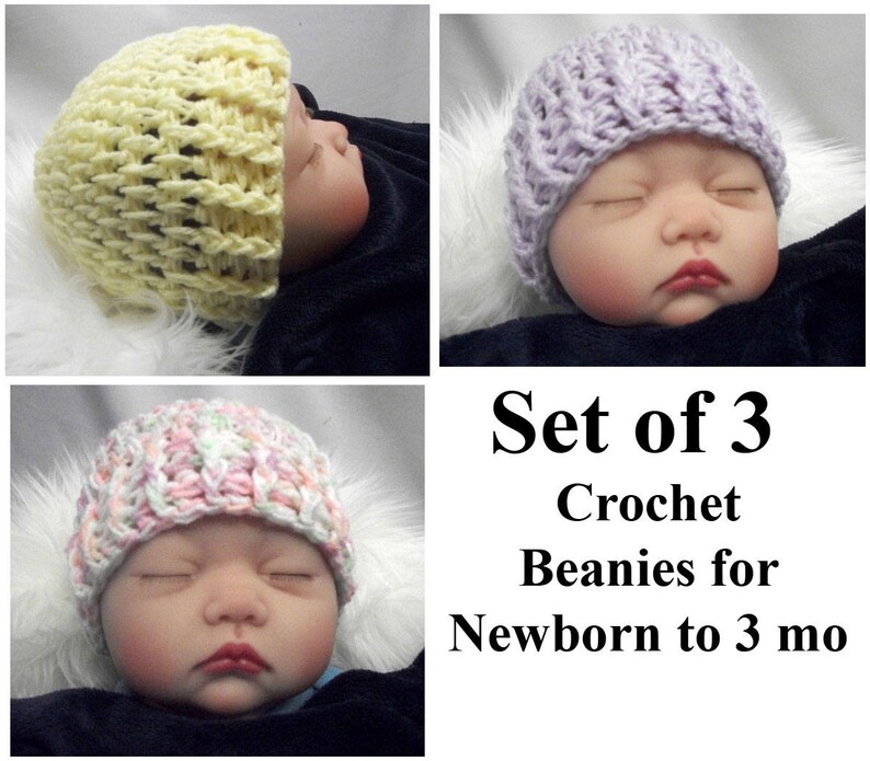 Baby Shower Gift for Newborn Girls Set of 3 Baby Beanies for Newborn to 3 mo Free US Shipping Crochet Baby Girl Beanie Hats for Triplets
