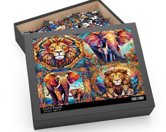 Lions and Elephants 4 in 1 Jigsaw Puzzle (252, 500-Piece), Four Puzzles in One of Lions and Elephants in Stained Glass Effect