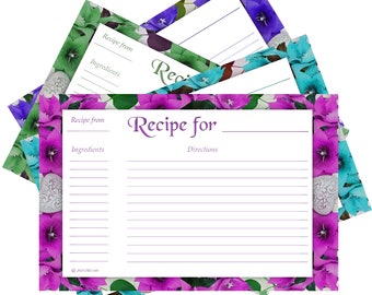 Printable Floral Recipe Cards 4x6 Instant Download, Print All You Need Recipe Cards, Set of 4 Colors Printable Recipe Cards Download