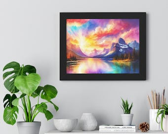 Mountain Beauty Framed Horizontal Poster, Gorgeous Sunset Over The Mountains Wall Art