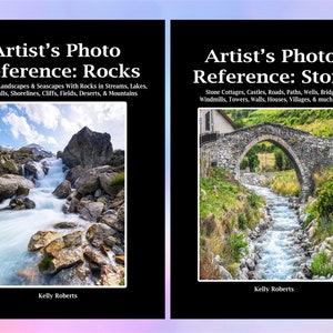 May include: Two book covers with a black background and white text. The left cover features a photo of a waterfall cascading over rocks in a mountain setting. The right cover features a photo of a stone bridge over a stream in a rural setting. Both covers have the text "Artist's Photo Reference" and the title of the book, "Rocks" or "Stone". The author's name, "Kelly Roberts", is at the bottom of each cover.