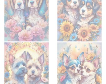 Niedliche Welpen Briefpapier Sets mit 16 Instant Download Grafiken in A4 und 8.5x11, Jugendstil Welpen Briefpapier, Welpen und Blumen Briefpapier