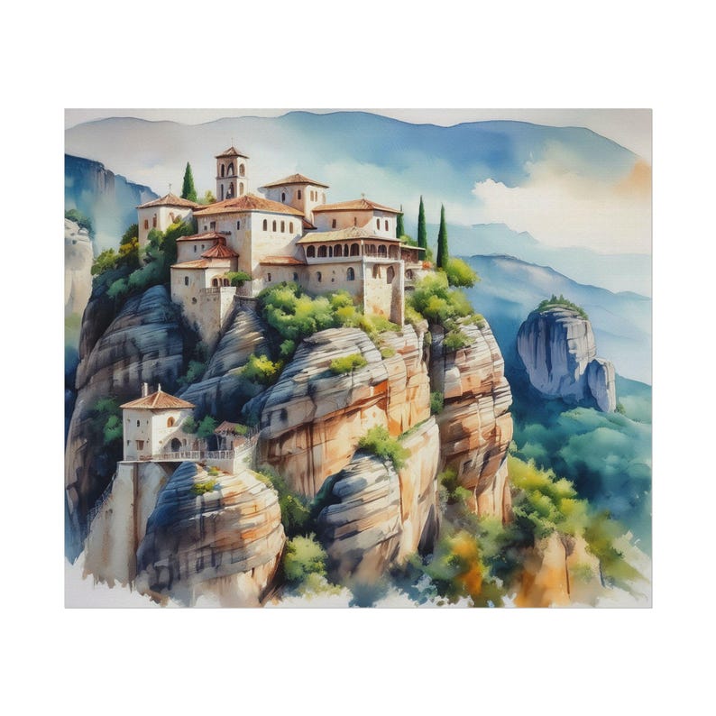 Schilderachtige Meteora geïnspireerde aquarel matte posterafdrukken, kunst aan de muur voor woondecoratie, cadeau voor kunstliefhebbers, natuurprint, op reizen geïnspireerde kunstwerken afbeelding 1
