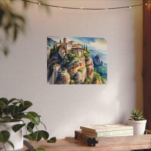 Schilderachtige Meteora geïnspireerde aquarel matte posterafdrukken, kunst aan de muur voor woondecoratie, cadeau voor kunstliefhebbers, natuurprint, op reizen geïnspireerde kunstwerken afbeelding 4