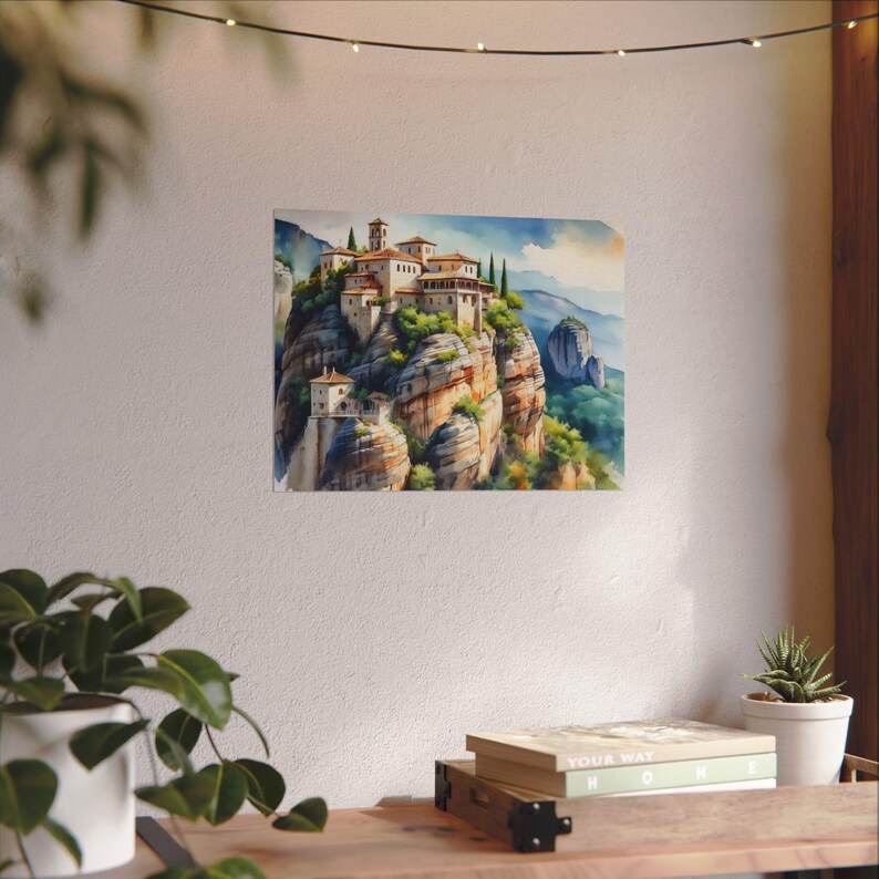 Schilderachtige Meteora geïnspireerde aquarel matte posterafdrukken, kunst aan de muur voor woondecoratie, cadeau voor kunstliefhebbers, natuurprint, op reizen geïnspireerde kunstwerken afbeelding 4