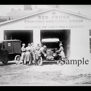 Restored Vintage Photo of Red Cross Ambulance Station 1918 Spanish Influenza, Instant Download and Ready to Print, Vintage Black and White