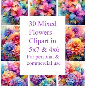Floral Clip Art Instant Download, 30 Mixed Flowers in Watercolor, 5x7 and 4x6, for Cardmaking,  Scrapbooking, Personal and Commercial Use