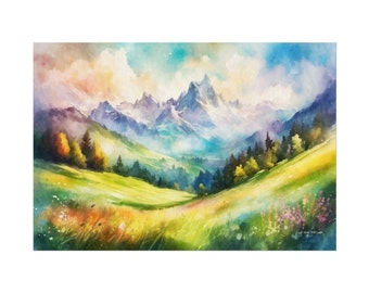 Serenity Valley Textured Watercolor Matte Poster, Beautiful Mountain Landscape with a Valley and Meadow in Watercolor Wall Art