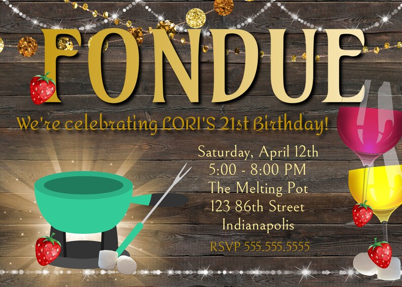 Instant Download w Back Templett Digital Editable Gold Fondue /& Wine Birthday Invitation or Bridal Shower Printable Template