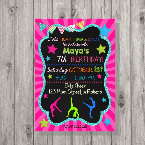 DIGITAL Gymastics Tumbling Glitter & Chalkboard Birthday Girl Party Invitation
