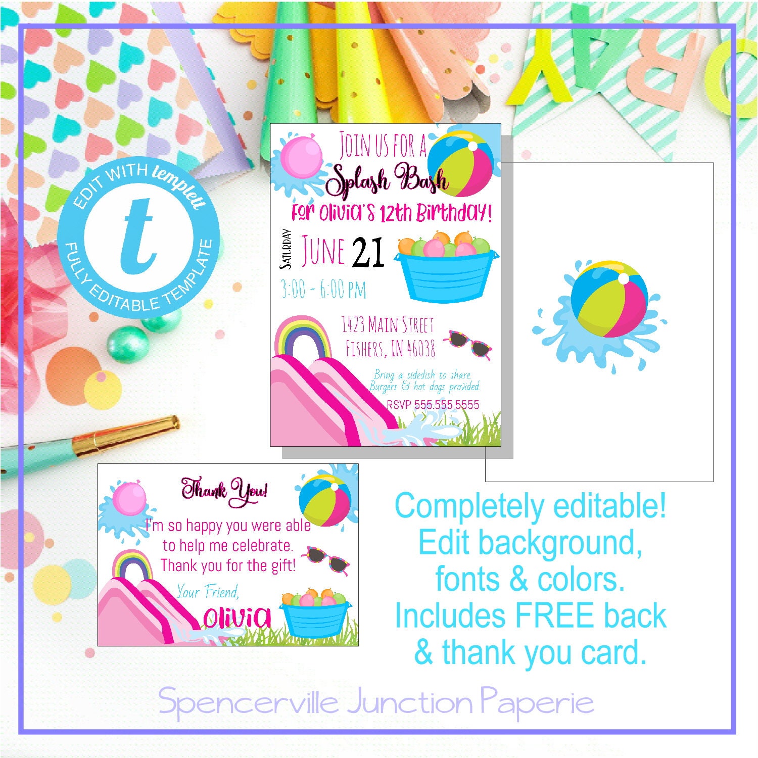 Templett Digital Editable Pink Splash Bash Water Slide Etsy