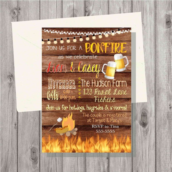 Digital Rustic Wood Bonfire Beers Couples Shower Fall Cookout S'mores Party Invitation You Print Printable