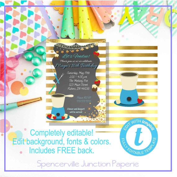 Instant Download w Back Templett Digital Editable Gold Fondue /& Wine Birthday Invitation or Bridal Shower Printable Template