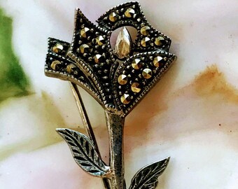 Vintage Sterling Silver Marcasite Brooch Rose Flower