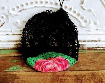 Vintage Crochet Irish Rose Lace Drawstring Purse Black, Pink Green