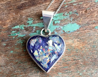 Vintage Mexico signed Vintage Confetti Lucite Heart Pendant Necklace Sterling