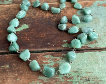 Vintage Green Quartz Rock Beaded Necklace Long Boho