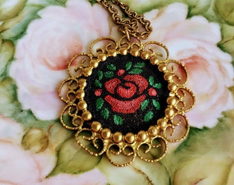 Vintage Huge Brass Painted Floral Sugar Glass Medallion Pendant