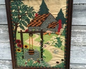 Antique Crewel Embroidery Picture Cottage gaden with Wishing Well