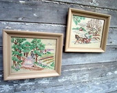 Vintage Crewel Embroidery Pictures Pair Wedding Lovers couple and Winter sleigh Scene