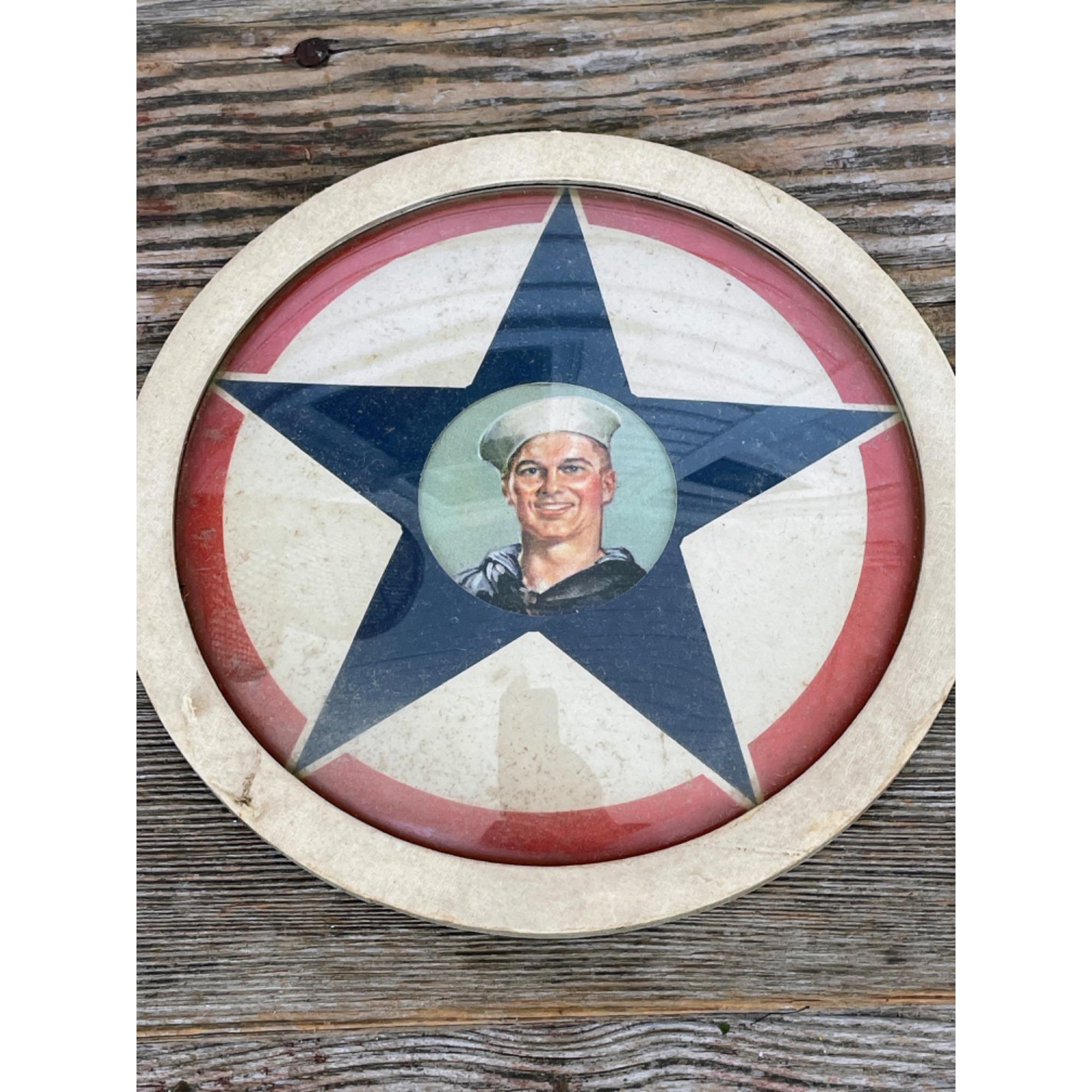 Vintage WWII Era Navy Portrait Art With Patriotic Star Convex