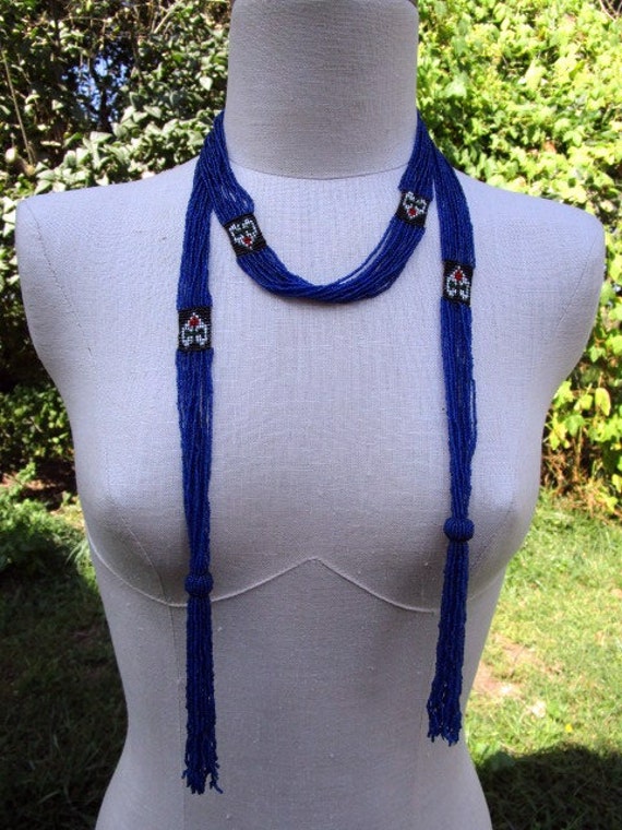 Vintage woven Beaded Necklace Lariat Tassel or Bel