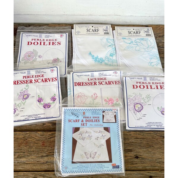 Vintage lot 7 Stamped Embroidery Doily, dresser scarf Table runners