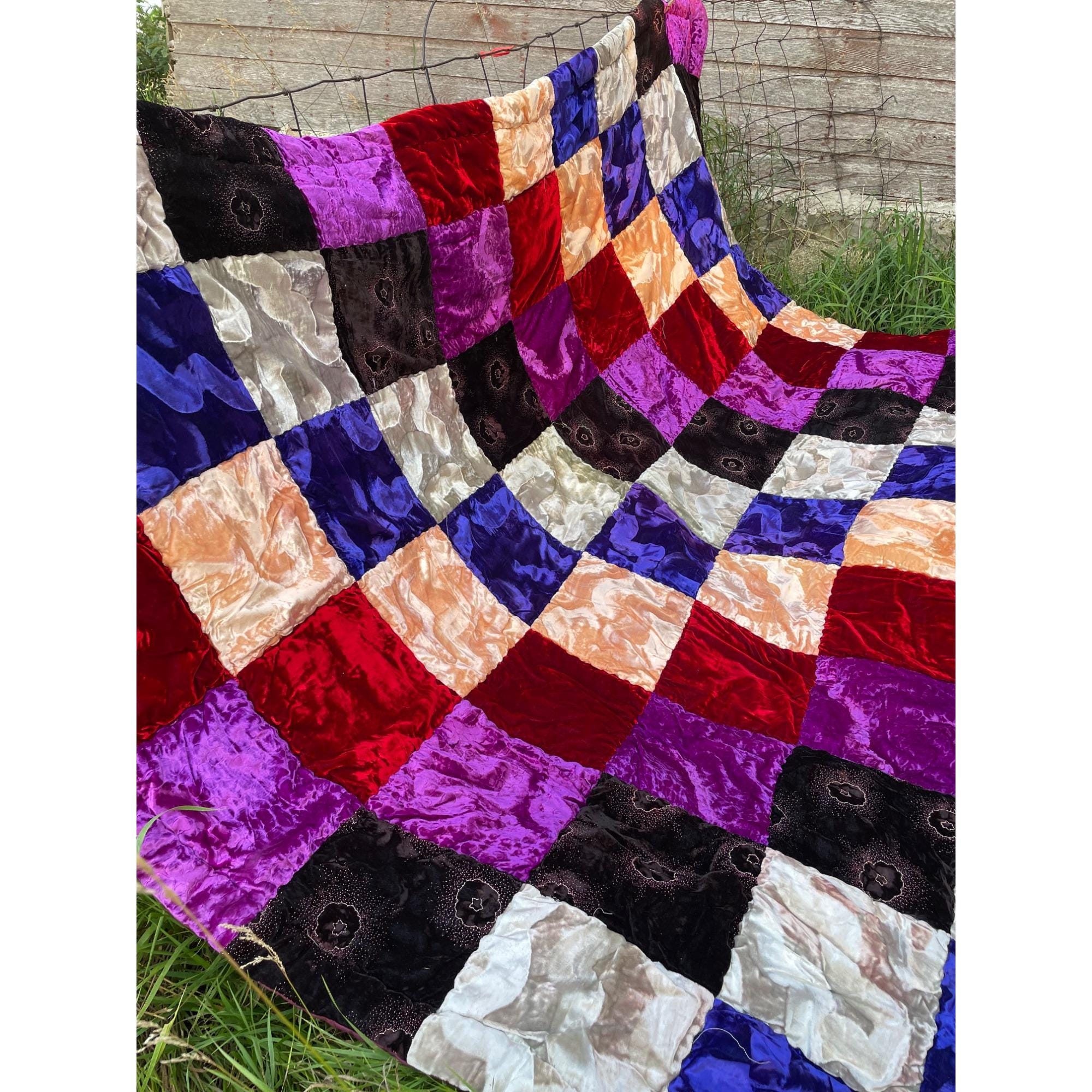 Vintage 1960s Groovy Handmade Crushed Velvet Patchwork Quilt Vintage 1960s Groovy Handmade Crushed Velvet Patchwork Quilt