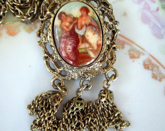 Vintage Cameo Porcelain Brooch/pendant Painting Neoclassical Woman With chain tassel