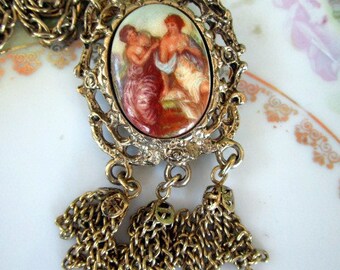 Vintage Cameo Porcelain Brooch/pendant Painting Neoclassical Woman With chain tassel