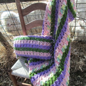 Vintage Afghan Crochet With pillow and Fringe Pastels Purple pink green yellow image 5