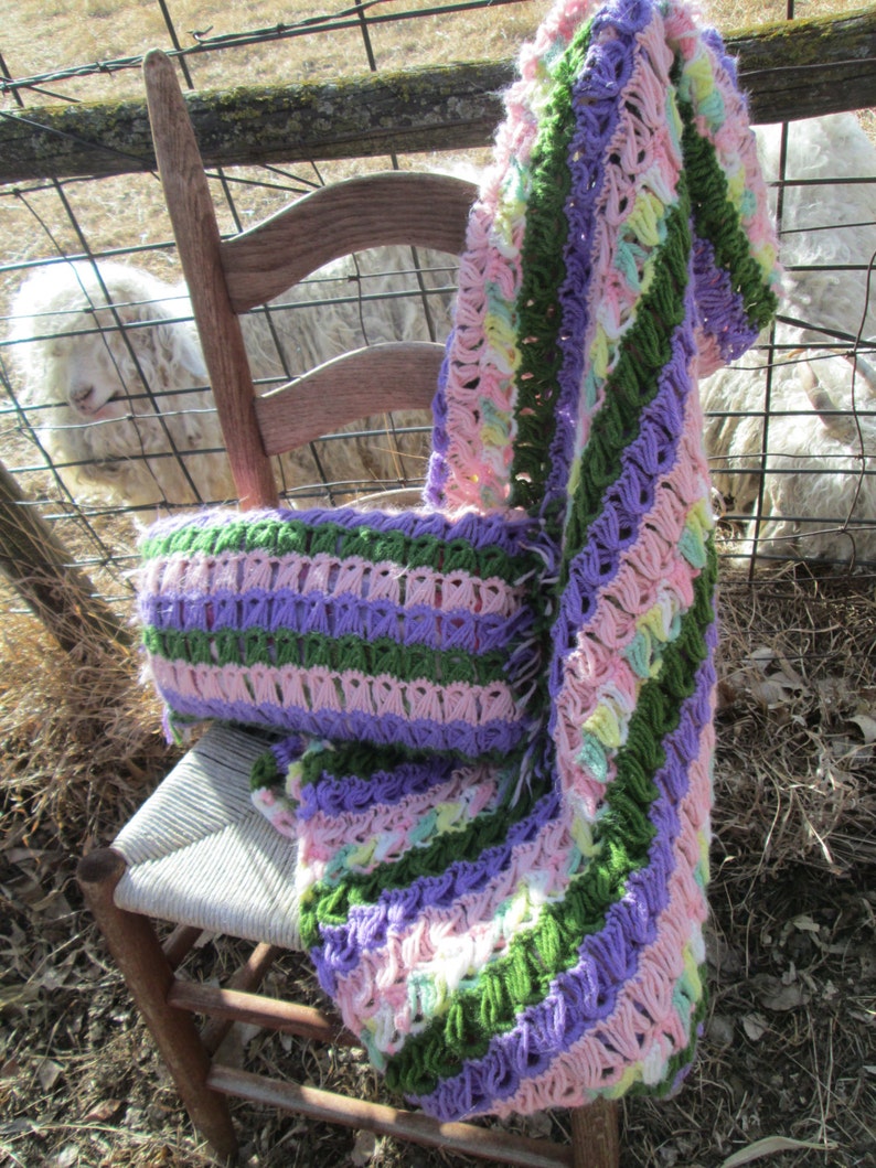 Vintage Afghan Crochet With pillow and Fringe Pastels Purple pink green yellow image 5
