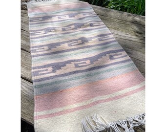 Vintage 1960s Small Southwest wool rug Weaving Pastels Pink BLue