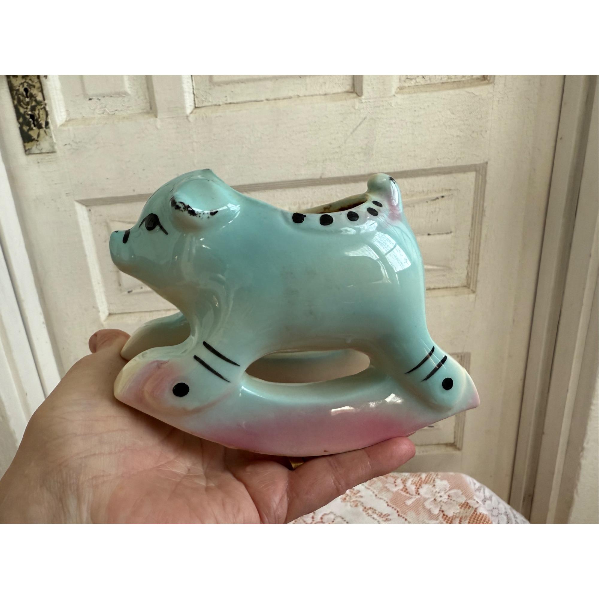 Vintage 50's Rocking Horse Pig Planter Blue Pink - Etsy