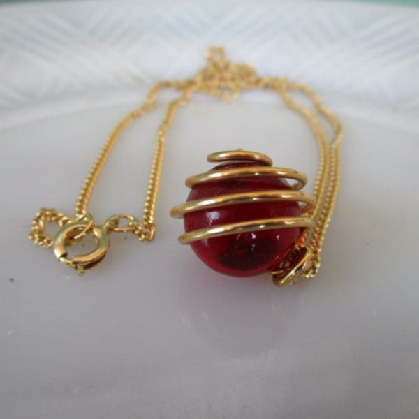 Vintage Red Glass Marble Ball wire wrapped pendant necklace