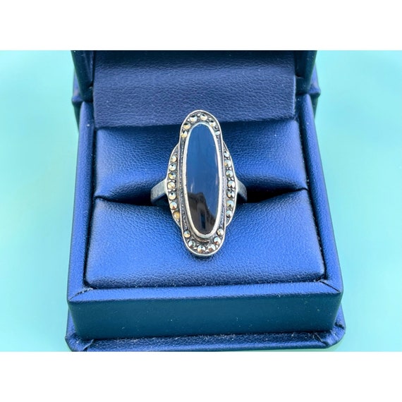 Vintage 925 silver Onyx marcasite elongated ring Sz 5.5