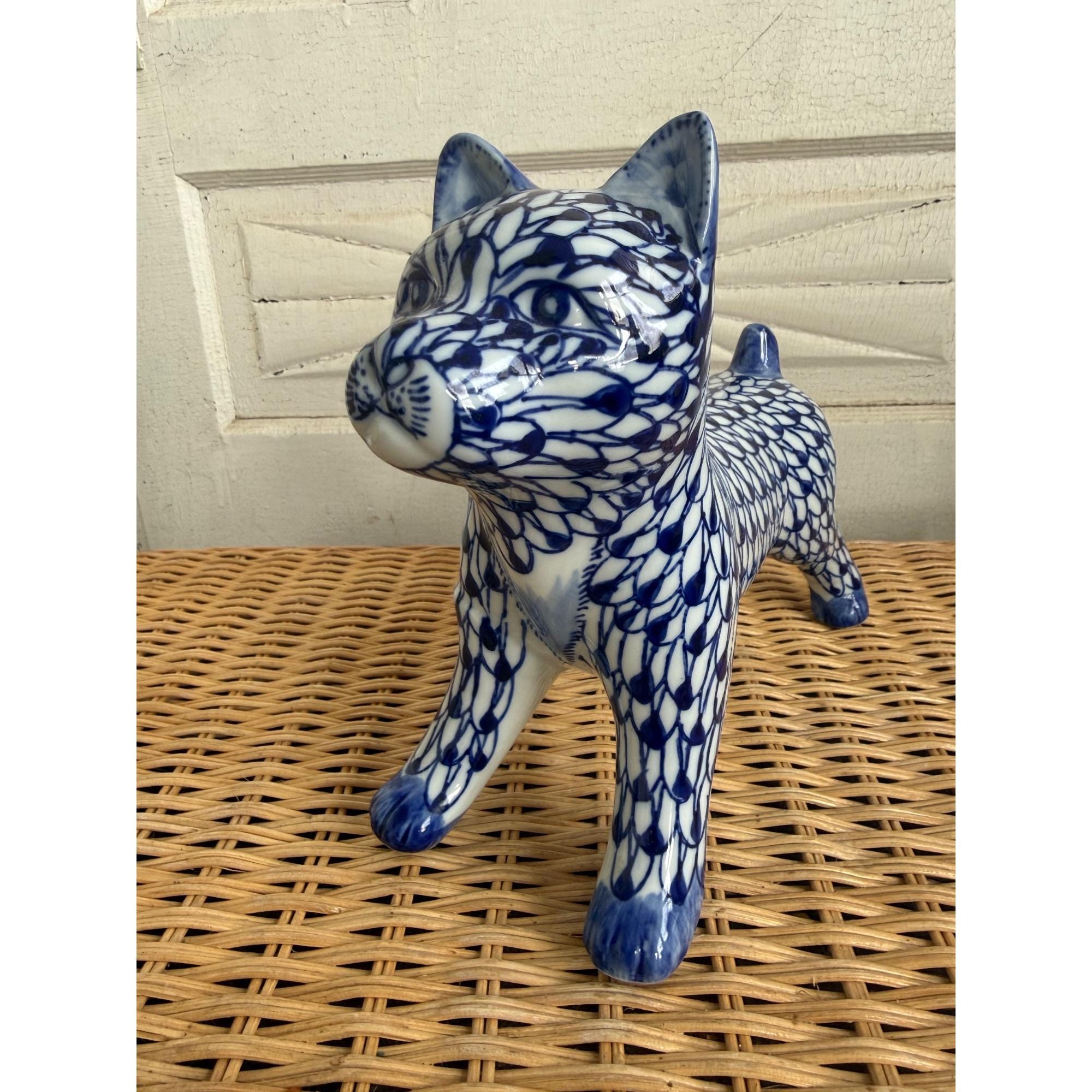 Vintage 80s Hand Painted Andrea Sadek Porcelain Dog Blue White
