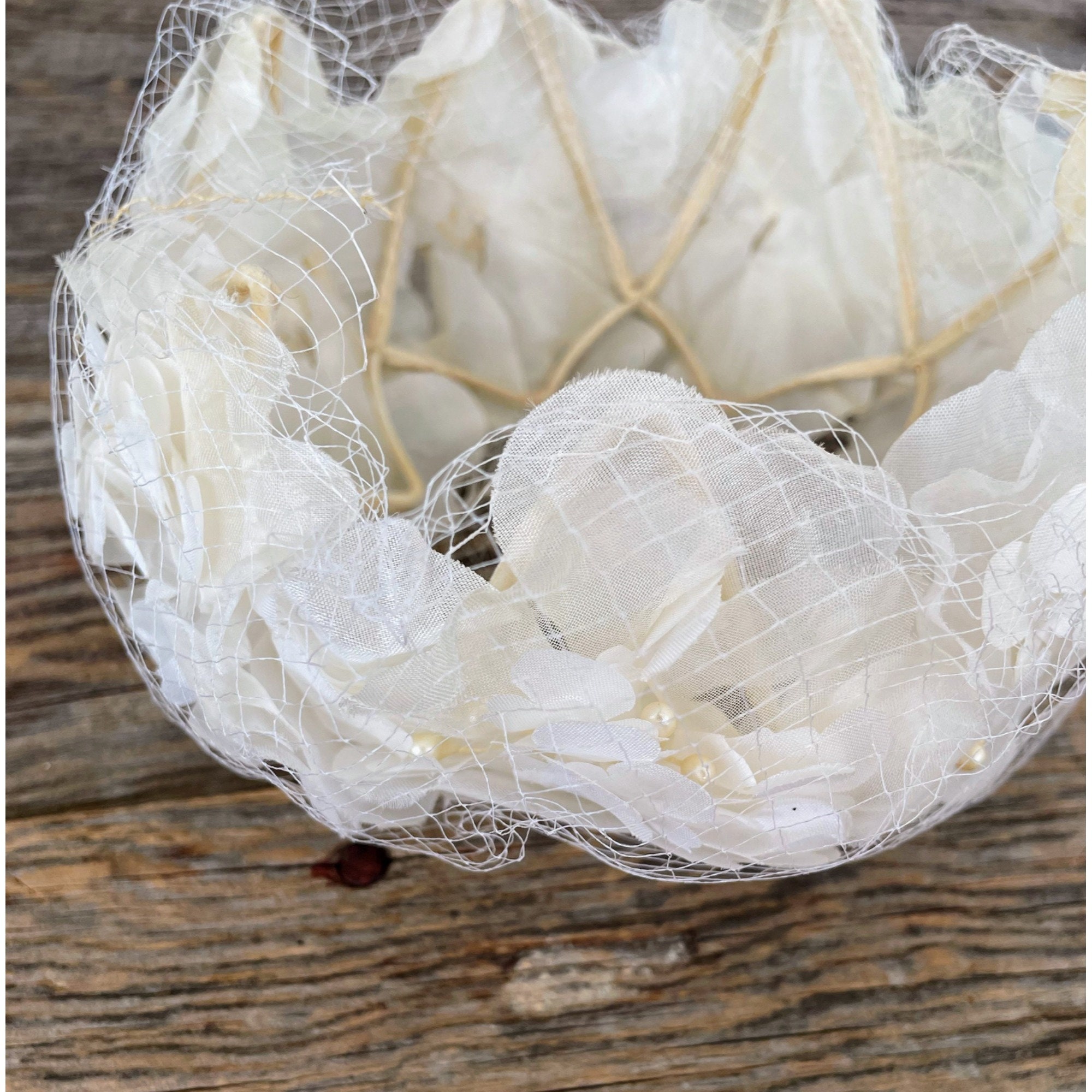 Vintage 1960s White Organza Flower Millinery Netting Pill Box Hat Vintage Floral Topper Hat 1960s Ivory Pillbox, Hats by  main image 4