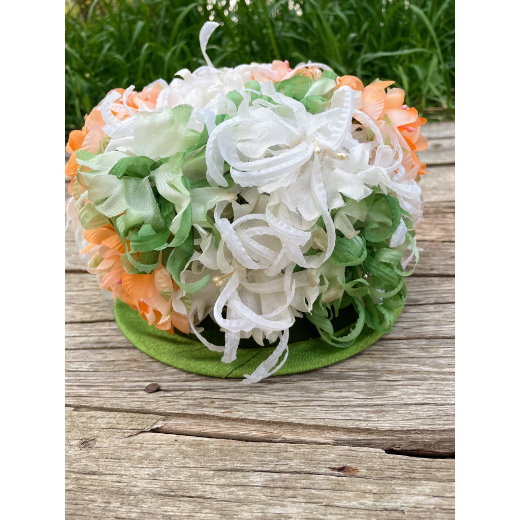 Vintage 1960s Millinery Flower Bucket Hat Peach and Green - Etsy display picture 1